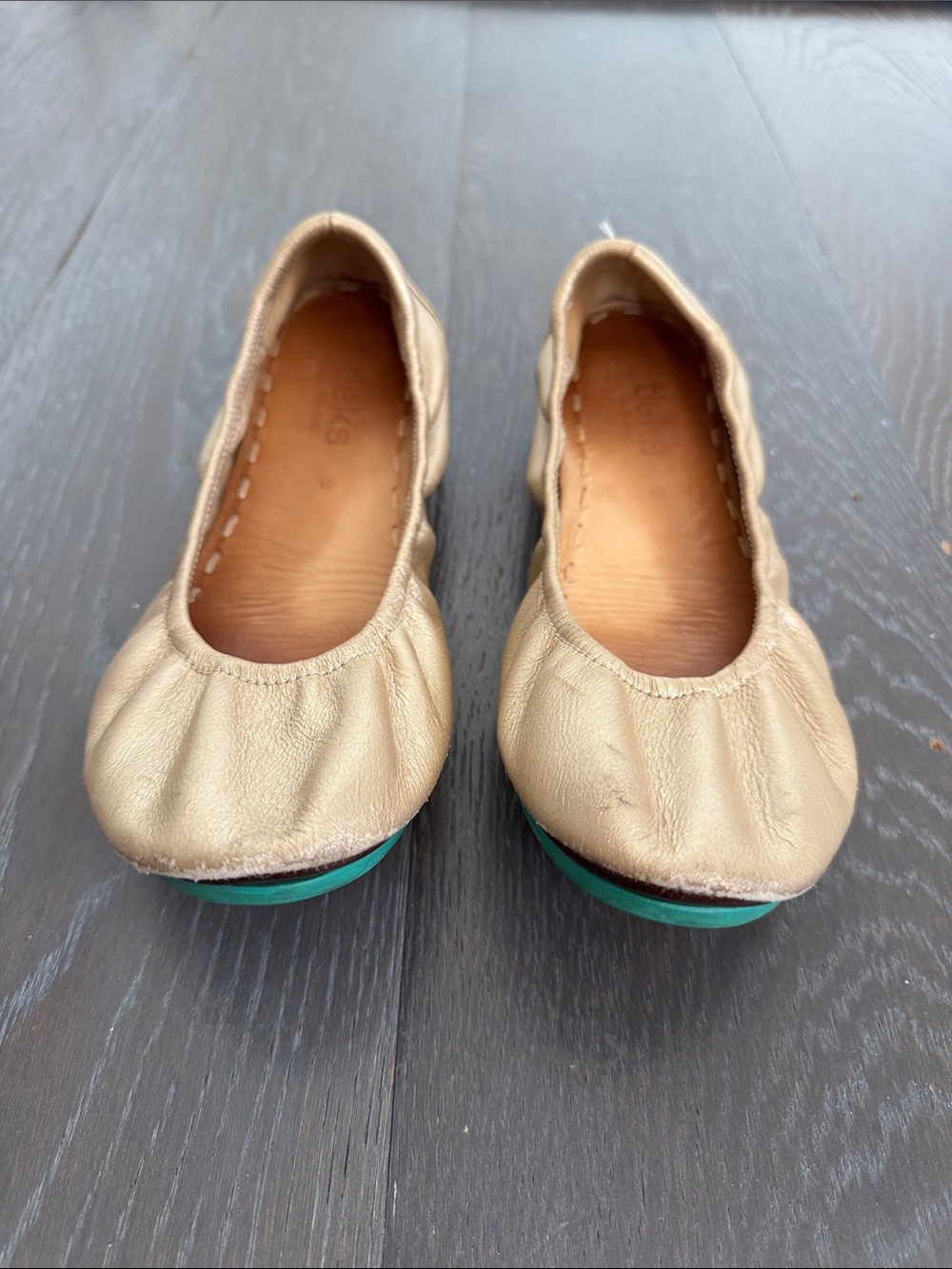 Tieks Champagne Leather Ballet Flats with Teal Sole Accent